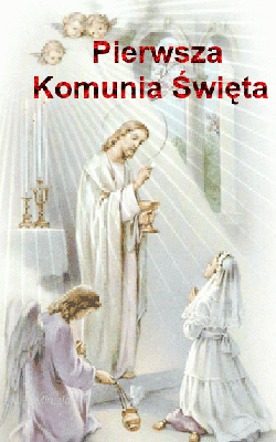 Brokatowa kartka z czerwonym napisem Pierwsza Komunia Święta